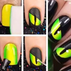 Nail Art Designs Green And Black, Fall Nail Art Step By Step, Fall Nail Designs Step By Step, Halloween Nails Step By Step, Toothless Nails, Halloween Cat Nails, Nailart Tutorial