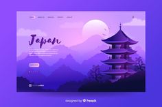 the japanese landscape with mountains and pagodas in purple tones is featured on this landing page