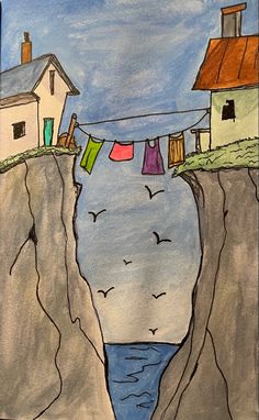 a drawing of clothes hanging out to dry on a line over a cliff by the ocean