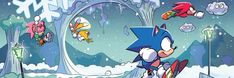 sonic the hedgehog is skiing in front of snow covered trees and other cartoon characters