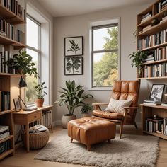 a living room filled with lots of furniture and bookshelves next to a window