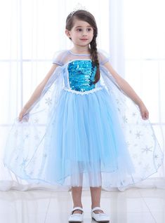 Silhouette:a-lineHemline:tea lengthNeckline:scoopFabric:tulleShown Color:blueSleeve Style:cap sleeveBack Style:zipper upEmbellishment:sequins Frozen Dress Up, Ice Queen Dress, Princess Dress Costume, Princess Costumes For Girls, Princess Elsa Dress, Frozen Dress, Queen Princess, Angel Costume, Kids Party Dresses