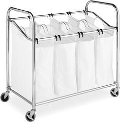 three bags in a metal rack with wheels