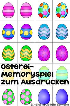 an easter themed memory game with different colored eggs