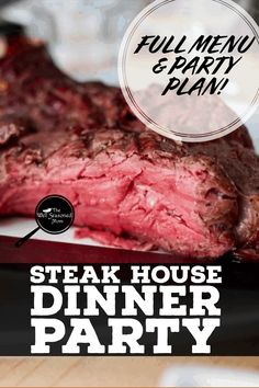 steak house dinner party flyer with the text full menu and party plan on it's side