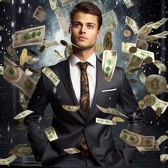 a man in a suit and tie with money falling out of his jacket over him