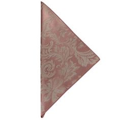 a pink and gold pocket square with an ornate design on it's side, folded in two different folds