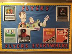 a bulletin board with posters and pictures on it that say flyers, flyers, and other things