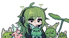 an anime character with green hair and headphones sitting in front of plants, holding a cell phone to her ear