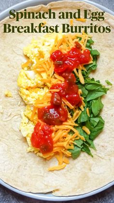 spinach and egg breakfast burritos on a plate with cheese, tomato sauce and lettuce