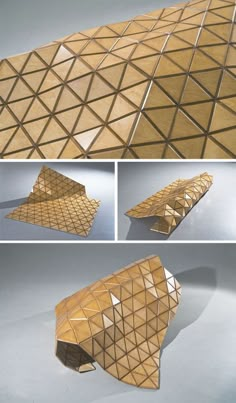 four different views of an object made out of wooden planks and plywood strips