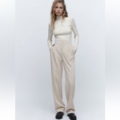 Zara Pleated Menswear Style Pants Basic And Beautiful Zara Pants With Welt Pockets For Business Casual, Wide-leg Pants For Business In Spring, Business Wide-leg Pants For Spring, Zara Classic Straight Dress Pants, Zara Wide-leg Office Pants, Zara Wide-leg Office Dress Pants, Zara Wide-leg Pants For Office, Zara Wide-leg Formal Pants, Zara Wide-leg Dress Pants For Office