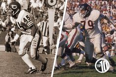 two different photos of football players on the field and in front of an audience at a game