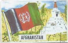 a postage stamp with the flag of afghanistan and an image of a building in the background