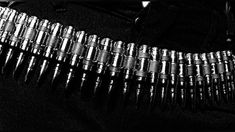 a black and white photo with lots of metal beads on it's belt,