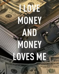 a suitcase full of money with the words i love money and money loves me