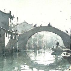 watercolor painting of people on a bridge over a canal with boats in the foreground