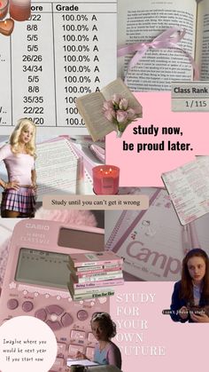 a collage of photos with text and pictures on it, including an image of a pink calculator