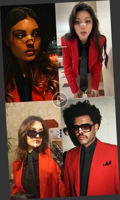 four different pictures of people in red jackets and black shirts, one is wearing sunglasses