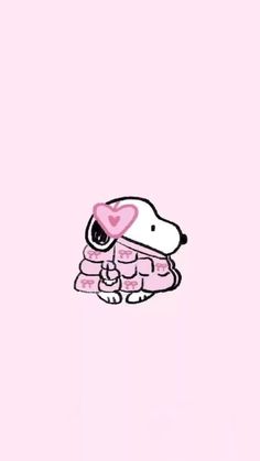 a pink background with a dog holding a heart