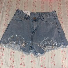 Rhinestone Fringe Denim Shorts Size L High Waist Rhinestone Jean Shorts For Party, Party Denim Jean Shorts With Rhinestones, Rhinestone Denim Jean Shorts For Party, Summer Party Jeans With Rhinestones, Summer Party Jean Shorts With Rhinestone Fringe, Denim Party Shorts, Short Denim Party Jeans, High Waist Jean Shorts With Rhinestone Fringe For Party, High Waist Party Shorts With Rhinestones