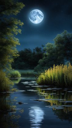 a painting of a river at night with the moon in the sky