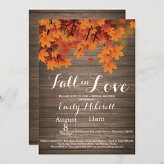 the fall in love wedding shower is displayed on a wooden background with orange and yellow leaves