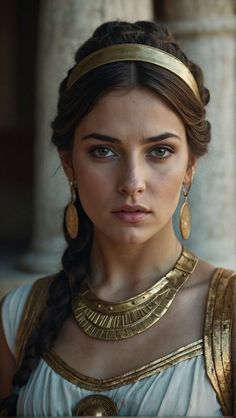 a woman in an ancient dress with gold jewelry on her neck and headpieces