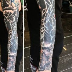 a man's arm with lightning and house tattoo on the sleeve, before and after it has been inked