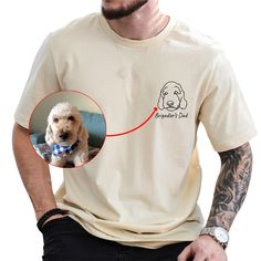 a man wearing a t - shirt with a dog on it's chest and a photo of him