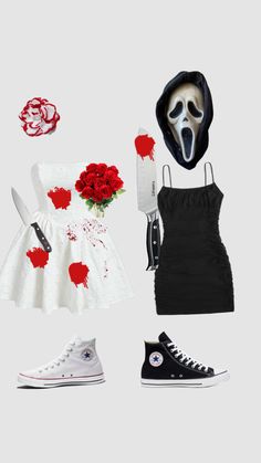 a woman's outfit is shown with red roses and a mask on top of it