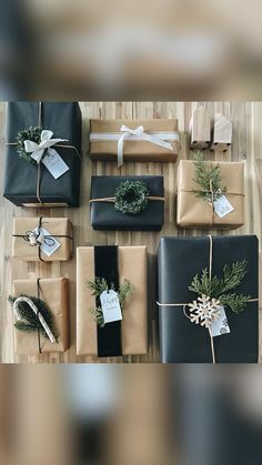 presents wrapped in brown paper and tied with twine, pine cones and evergreen branches