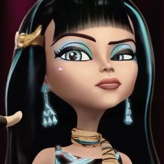 an animated woman with long black hair and blue eyes, wearing egyptian jewelry in front of a red curtain