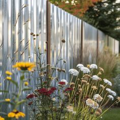 some flowers are growing in front of a metal fence and grass area with yellow, white, and red flowers