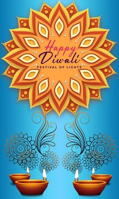 happy diwali festival of lights with candles and decorative design on the blue background