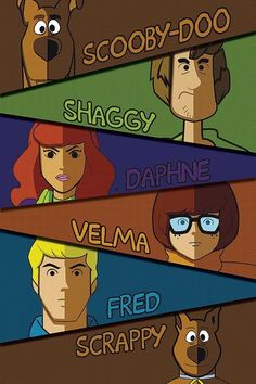 some cartoon characters with different colors and font on their faces, including the words scooby