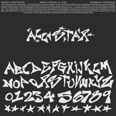 some type of graffiti font that is black and white with stars on the bottom corner