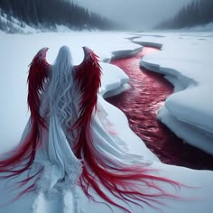 an angel with long red hair standing in the snow next to a stream and trees