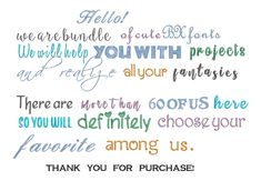 the words are written in different colors and font on a white background that says, thank you for purchase