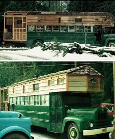 two pictures of an old bus and a green truck in the snow