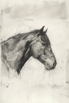 a black and white drawing of a horse's head with long, straight hair