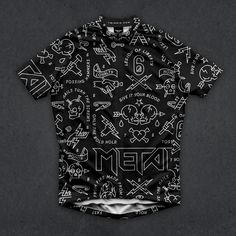 a black shirt with white letters and symbols all over it