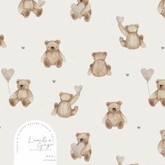 teddy bears with hearts and balloons are on a white background that is drawn in watercolor