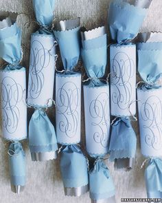 blue and white paper wrapped in silver foil