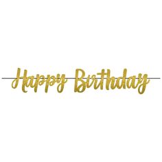 a happy birthday banner with the words happy birthday in gold foil on a white background