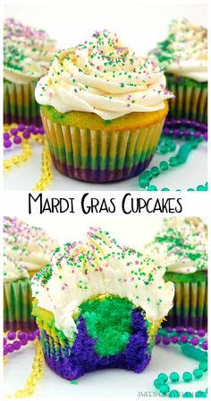 mardi gras cupcakes with white frosting and sprinkles