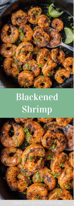 blackened shrimp in a cast iron skillet with lime wedges