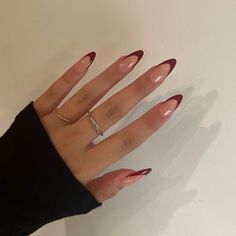 Wine Red Tip Nails, Gel X Nails Almond Red, Red Wine Nails Acrylic With Design, Wine Red French Tip Nails Almond, Almond Nails Wine Red, Red Wine Nails French Tip, Cherry Red Tip Nails, Wine Nails French Tip, Formal Nails For Red Dress