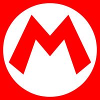 a red and white logo with the letter m in it's center on a red background