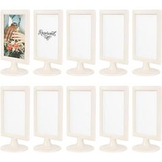 six white frames with pictures on them and one has a hand holding a flower in it